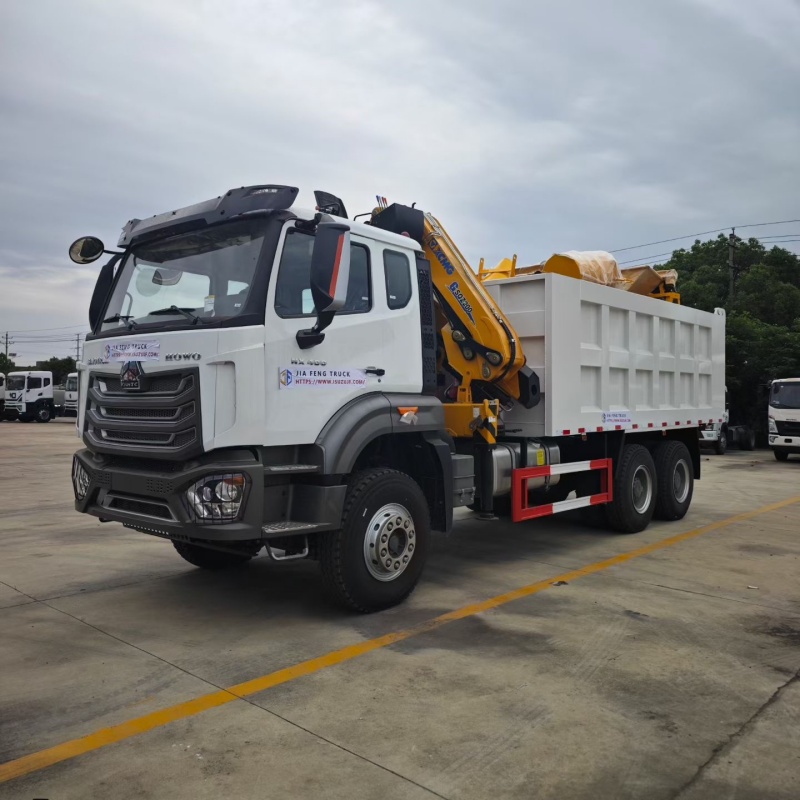 Camión volquete HOWO 6x4 de 400 CV con grúa de pluma plegable XCMG de 10 toneladas y 5 secciones.
